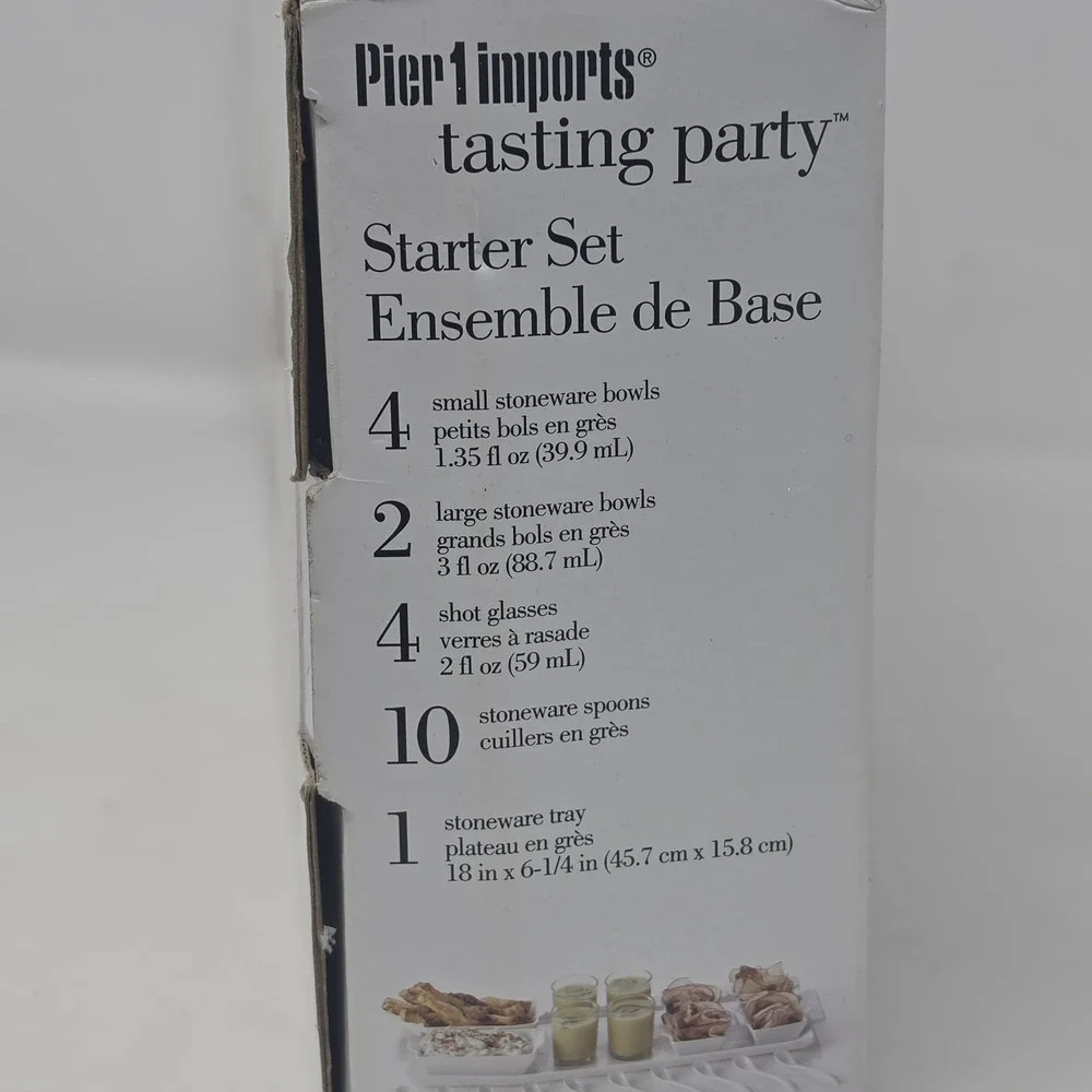 Pier 1 Imports Tasting Party Starter Set, White Stoneware Tray, Bowls, Spoons k